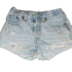 Levis Light wash denim shorts with a ripped, distressed look